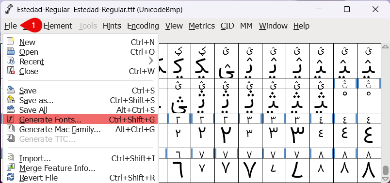 نرم افزار تبدیل فرمت فونت با برنامه fontforge