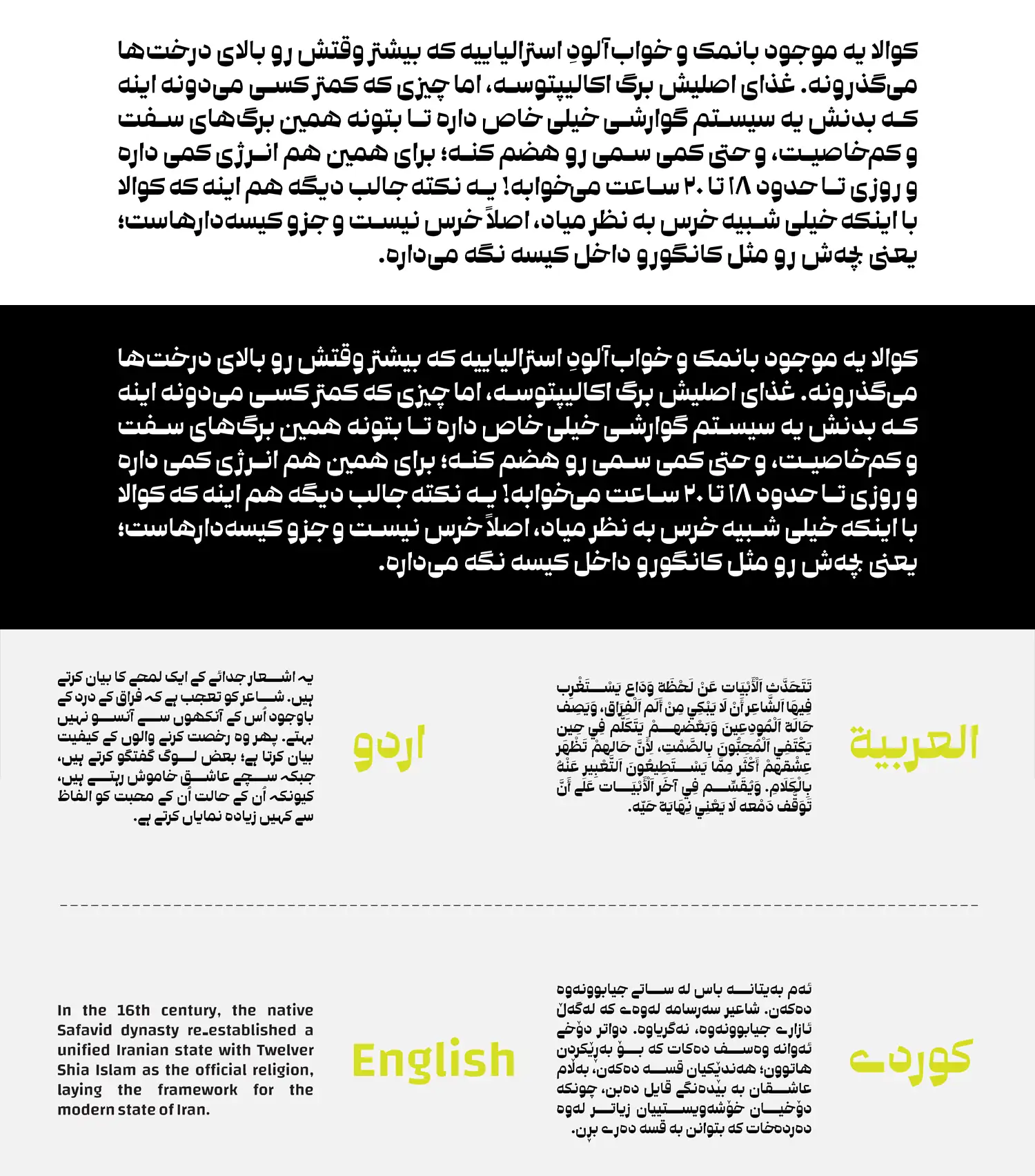 زبان‌های پشتیبانی شده فونت کوآلا